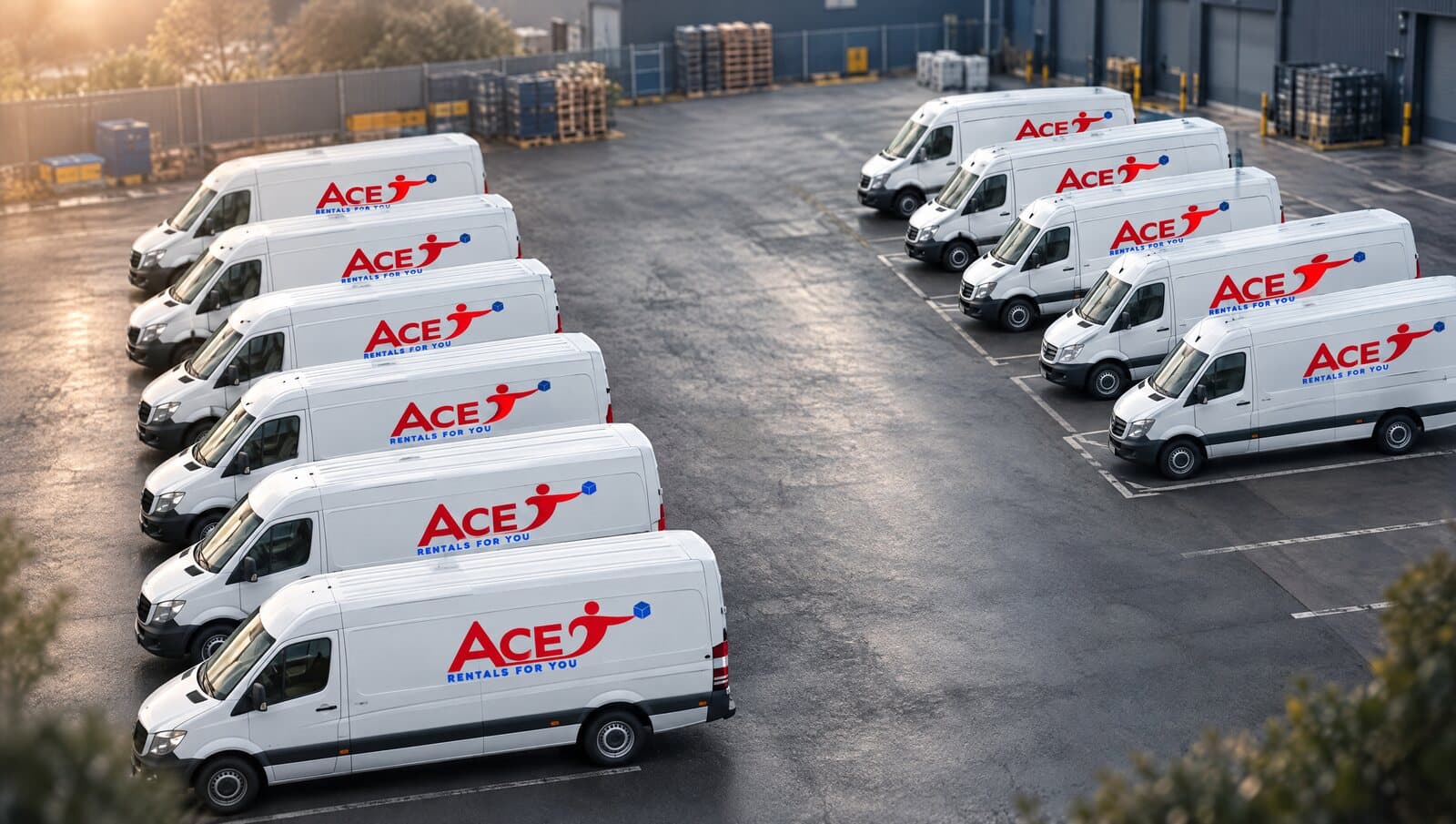 Delivery vans parked in a line at a logistics depot