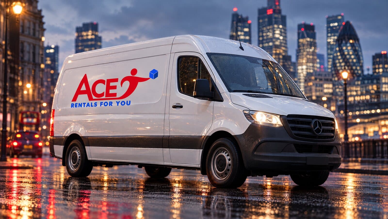 Delivery van on a London road at dusk